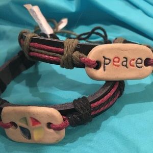 2 BOHO LEATHER & CUSTOM TILE CUFF PEACE BRACELETS